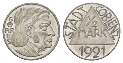 Кобленц 1/2 марки 1921 Funck 80.9A, Men05 4526.18, Men18 5727.18/20 сталь UNC 4582-1143