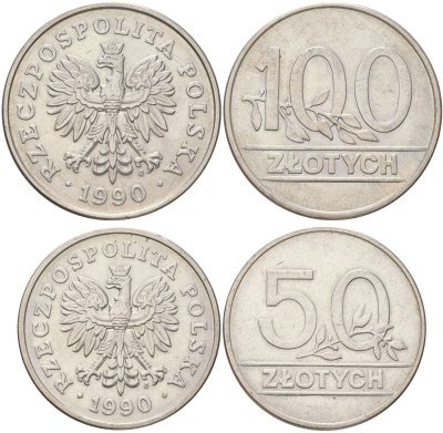 Польша набор из 2 монет (50 и 100 злотых) 1990 MW Y 214 и 216 медно-никель UNC 4612-626-627