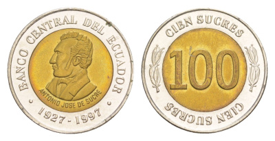 Эквадор 100 сукре 1997 70 лет Центробанку KM 101 биметалл UNC 4640-1249