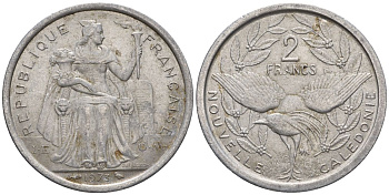 Французская Новая Каледония 2 франка 1973 птица кагу, (IEOM) KM 14, Schoen 11, Lec 57 алюминий    27-351