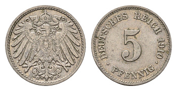 Германия 5 пфеннигов 1910 G, Вильгельм II (1888-1918) KM 11, J. 12 медно-никель 4636-217