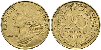 ФРАНЦИЯ 20 САНТИМОВ 1964 ТИП MARIANNE KM 930, LE FRANC 156.4 медь алюминий никель 4573-1035
