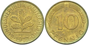 ФРГ 10 ПФЕННИГОВ 1977 F KM 108, J. 383 сталь плакированная латунью 219-515