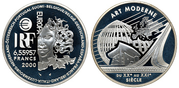 Франция 1 евро = 6,55957 франков 2000 стиль арт-модерн в архитектуре в коробке с сертификатом KM 1228 серебро PROOF 4-3-3-28
