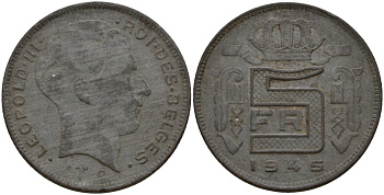 Бельгия 5 франков 1945 DES BELGES, Леопольд III (1934-1947) KM 130 цинк 4161-951