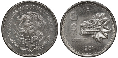 Мексика 5 песо 1981 Мо, бог Кетцалькоатцаль (пернатый змей) KM 485 медно-никель UNC 4367-1042