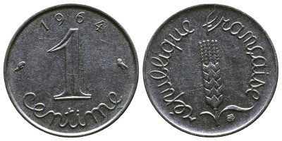 ФРАНЦИЯ 1 САНТИМ 1964 KM 928 хромированная сталь 4381-613