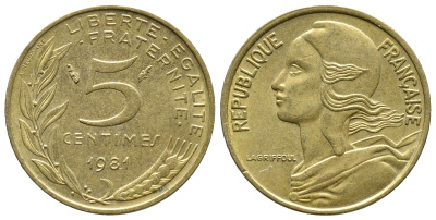 ФРАНЦИЯ 5 САНТИМОВ 1981 ТИП MARIANNE KM 933 медь алюминий никель 93-1317