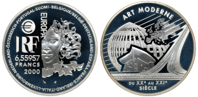Франция 1 евро = 6,55957 франков 2000 стиль арт-модерн в архитектуре в коробке с сертификатом KM 1228 серебро PROOF 4-3-3-28
