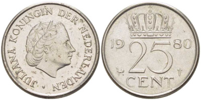 НИДЕРЛАНДЫ 25 ЦЕНТОВ 1980 ЮЛИАНА (1948-1980) KM 183 никель 214-1125