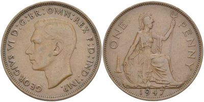 Великобритания 1 пенни 1947 Георг VI (1936-1952) КМ 845, Spink 4114 бронза 3460-625