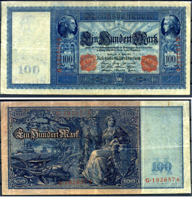 Германия 100 марок 1910 21 апреля 1910, красная печать, Меркурий и Церера, голубая бумага Pick 42 (2) бумага 2194-35-1-2