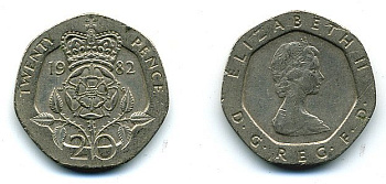 Великобритания 20 пенсов 1982 Елизавета II (1952-2022) KM 931, Spink 4230 (G1) медно-никель 4110-943