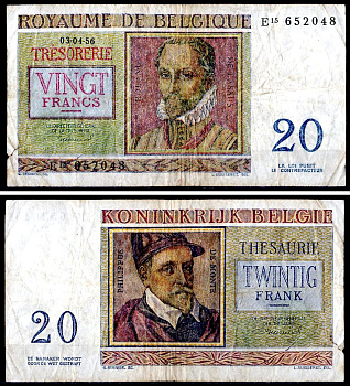 Бельгия 20 франков 1956 Pick 132 b бумага 6300-21-3-2
