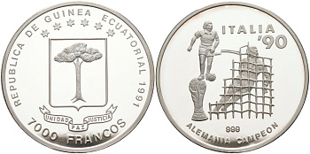 Экваториальная Гвинея 7000 франков 1991 Чемпионат мира по футболу KM 67 серебро PROOF 11-077-44