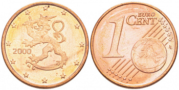 ФИНЛЯНДИЯ 1 ЕВРОЦЕНТ 2000 KM 98 сталь плакированная медью UNC 3457-1149
