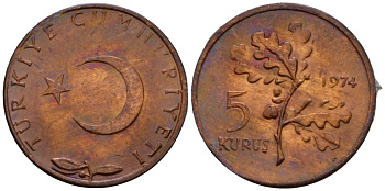 Турция 5 курушей 1974 KM 890.3 бронза 4602-151