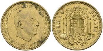 ИСПАНИЯ 1 ПЕСЕТА 1966 (73) ФРАНСИСКО ФРАНКО ДИКТАТОР ИСПАНИИ (1939-1975) КМ 796 алюминиевая бронза 4364-3617