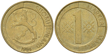 Финляндия 1 марка 1994 M KM 76 алюминиевая бронза 92-112