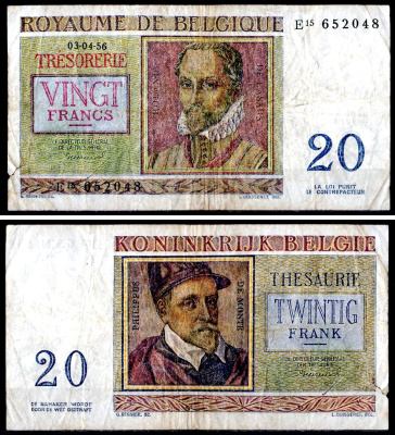 Бельгия 20 франков 1956 Pick 132 b бумага 6300-21-3-2