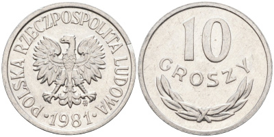 Польша 10 грошей 1981 MW, Народная Республика KM АА47, Parchimowicz 206u алюминий aUNC 4580-632