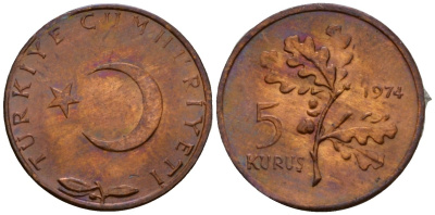 Турция 5 курушей 1974 KM 890.3 бронза 4602-151