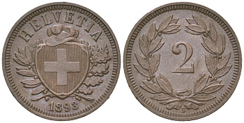 Швейцария 2 раппена 1893 B KM 4 бронза UNC 4392-525