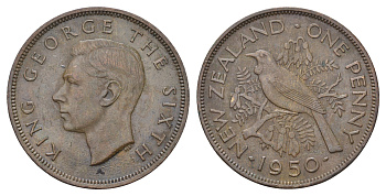 Новая Зеландия 1 пенни 1950 Георг VI (1936-1952), новозеландский туи KM 21 бронза   4512-114