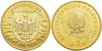 Польша 2 злотых 2004 серия польские регионы, Мазовецкое воеводство KM 489 нордик UNC 4529-113