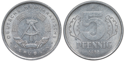 ГДР 5 ПФЕННИГОВ 1983 A КМ 9.2 алюминий 62-512