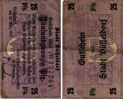 ДЮССЕЛЬДОРФ 25 ПФЕННИГОВ 1917-1918 20 МАРТА 1917 - 31 МАРТА 1918, НОТГЕЛЬД, ЗЕМЛЯ СЕВЕРНЫЙ РЕЙН-ВЕСТФАЛИЯ Keller D35.1a бумага 6318-27-1-1