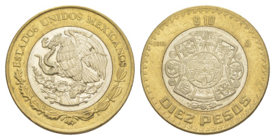 Мексика 10 песо 2010 Мо, бог Тонатиуха с огненной маской KM 616 биметалл aUNC 4637-726