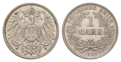 Германия 1 марка 1909 D, Вильгельм II (1888-1918) KM 14, J. 17 серебро 4626-215