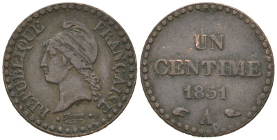 Франция 1 сантим 1851 A KM 754 бронза 4615-638