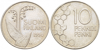 ФИНЛЯНДИЯ 10 ПЕННИ 1990 K КМ 65 медно-никель 3309-312