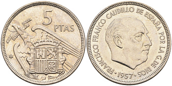 Испания 5 песет 1957 (75) Франциско Франко (1939-1975) KM 786 медно-никель UNC 4583-1132