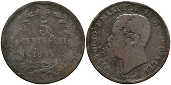 ИТАЛИЯ 5 ЧЕНТЕЗИМО 1861 М, ВИКТОР ИМАНУИЛ II KM 3.2 медь 28-835