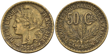 Камерун 50 сантимов 1926 (a), мондвор Париж KM 1 алюминиевая бронза 4164-1268