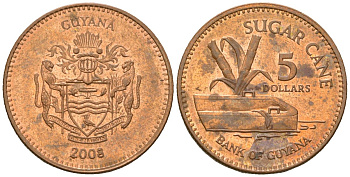 Гайана 5 долларов 2008 KM 51 сталь плакированная медью 4121-427