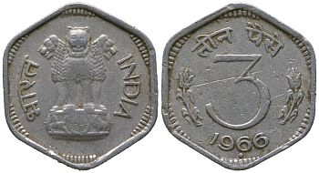 Индия 3 пайс 1966 ромб - Бомбей KM 14.1 алюминий 4396-1649