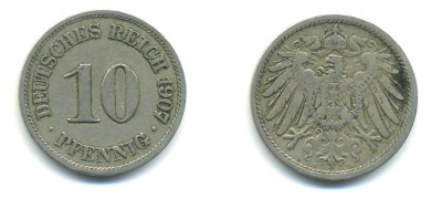 Германия 10 пфеннигов 1907 A KM 12, J. 13 медно-никель 4379-837