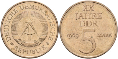 ГДР 5 марок 1969 А, 20 лет ГДР KM 22.1, J. 1524 никель бронза аUNC 4574-621