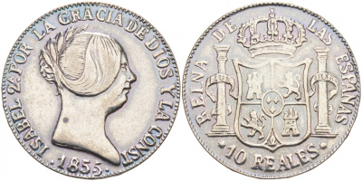 ИСПАНИЯ 10 РЕАЛОВ 1855 ИЗАБЕЛЛА II, ИМИТАЦИЯ белый металл 3855-546