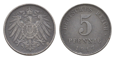 Германия 5 пфеннигов 1917 A, Вильгельм II (1888-1918) KM 19, J. 297, Weege 5 железо плакированное цинком 4640-159