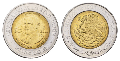 Мексика 5 песо 2008 Столетие революции - Франсиско Хосе Мухика KM 905 биметалл UNC 216-1225
