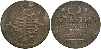 Саксен-Веймар-Эйзенах 3 пфеннига 1760 FS, Анна Амалия Брауншвейгская (1758-1775) KM 34, Koppe 593, Slg. Merseburger 3999 медь    65-554