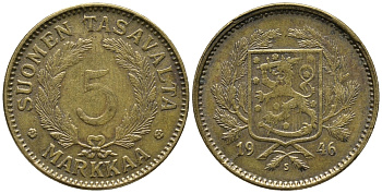 ФИНЛЯНДИЯ 5 МАРОК 1946 KM 31а латунь 34-1053