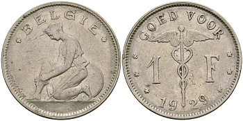 Бельгия 1 франк 1929 BELGI? KM 89 никель 210-533