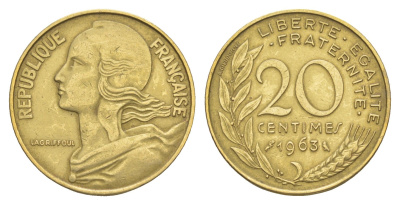 Франция 20 сантимов 1963 KM 930 алюминиевая бронза 4539-417