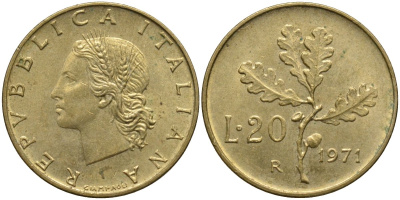Италия 20 лир 1971 R, дубовая ветвь KM 97.2 алюминиевая бронза 4171-855